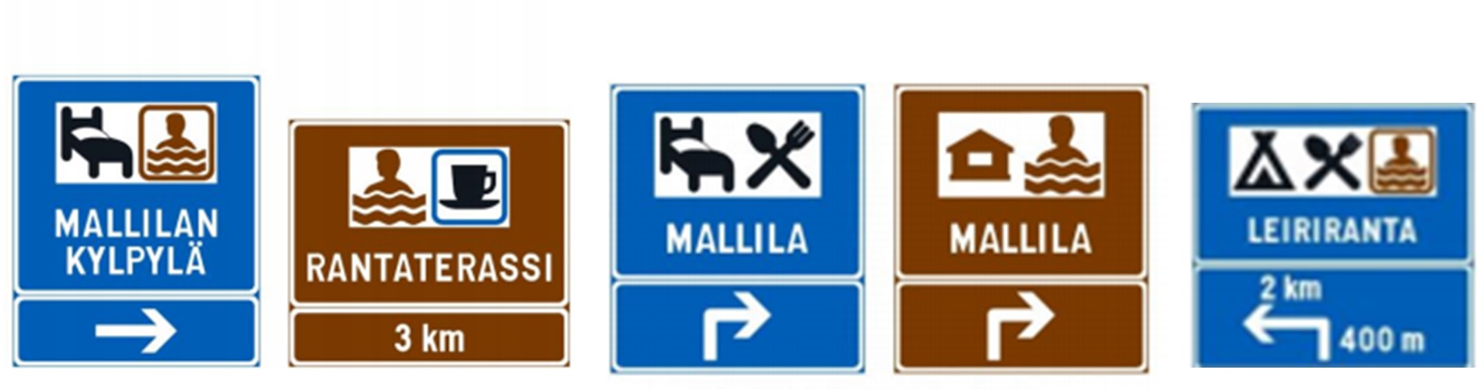 palvelukohteiden opasteiden mallikuvia, liikennemerkit G1 ja G2
